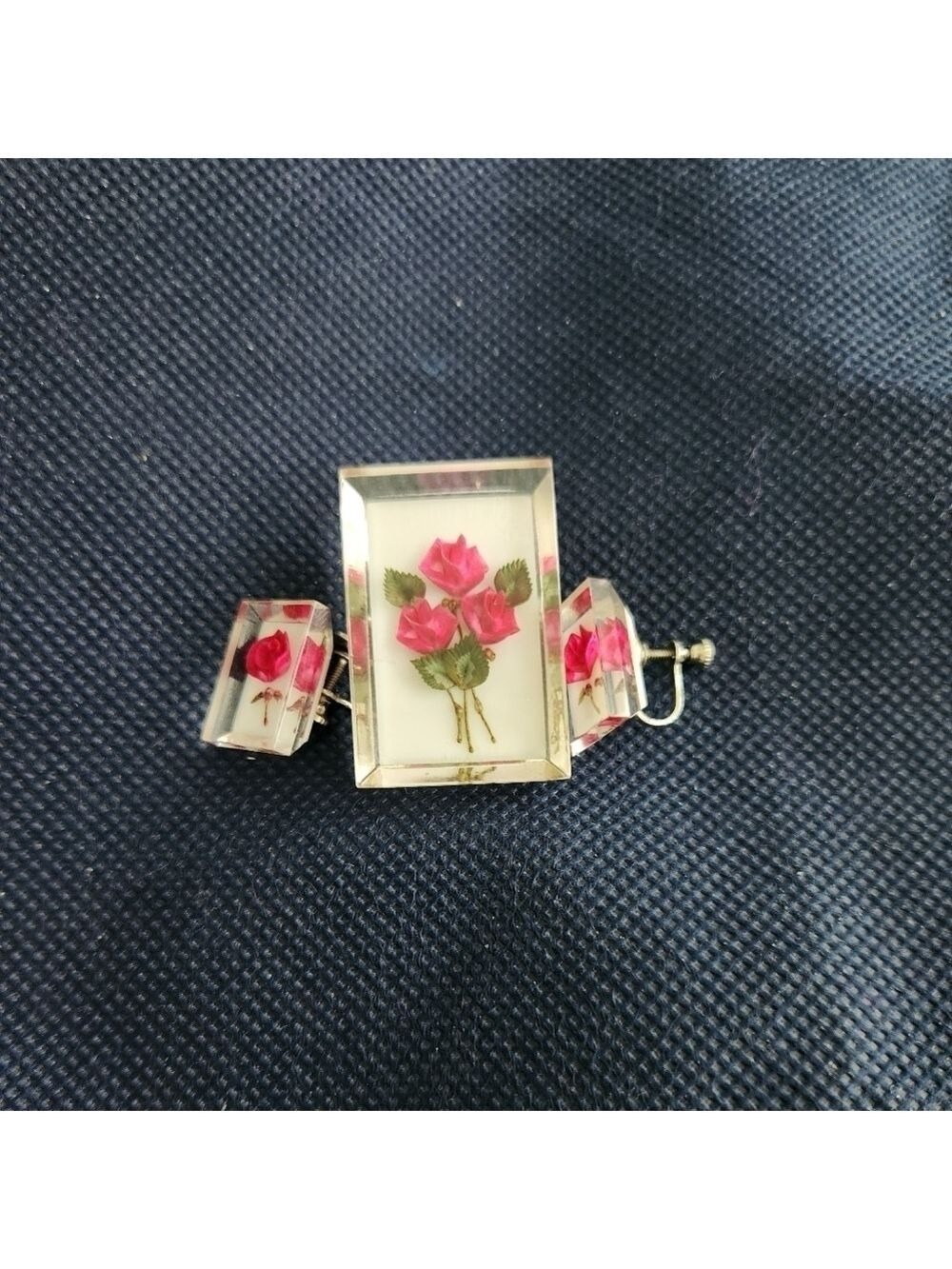 Original 1940s Reverse Carved Lucite Square Pink Rose Screw Back Earrings & Pin!